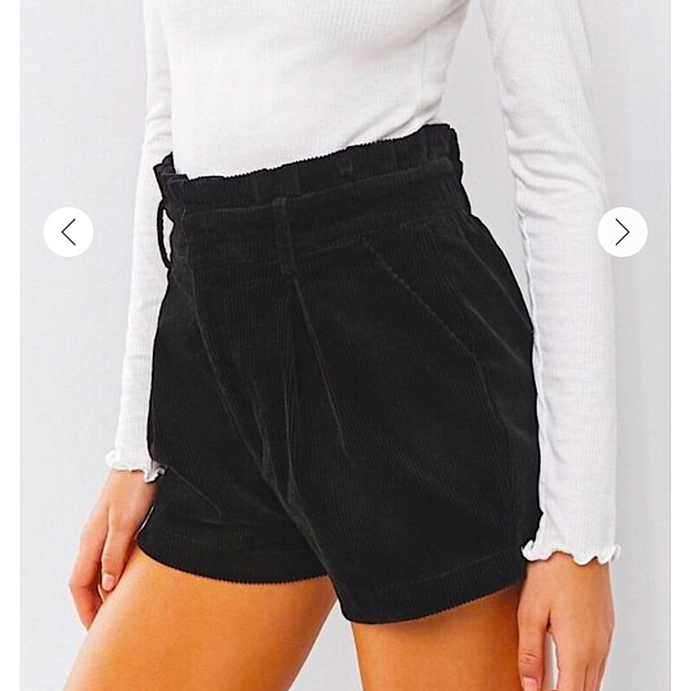 Black corduroy high waisted paper bag shorts